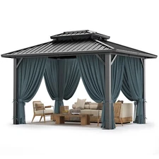 Hardtop Gazebo 10x12' Galvanized Double Roof Patio Gazebo with Curtains Nettings