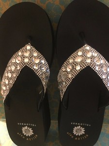 yellow box crystal flip flops