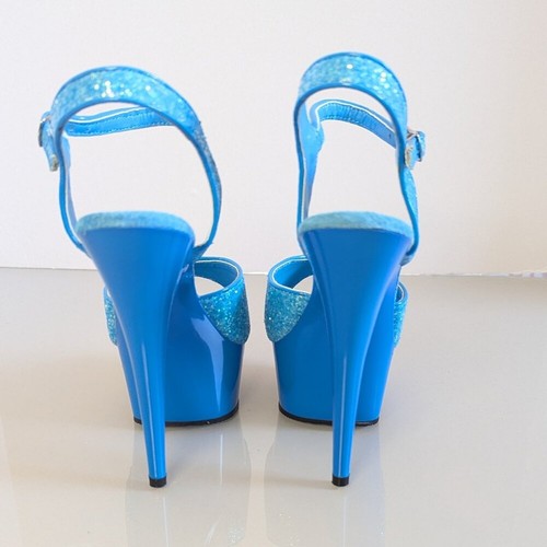 Pleaser Delight 609 Neon Blue Chunky Glitter Peep Toe Platform Stiletto Heels 8 - Picture 2 of 10