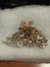 Goldtone Metal Rhinestone Butterfly Hair Claw Clip Filigree Metal Vintage Style