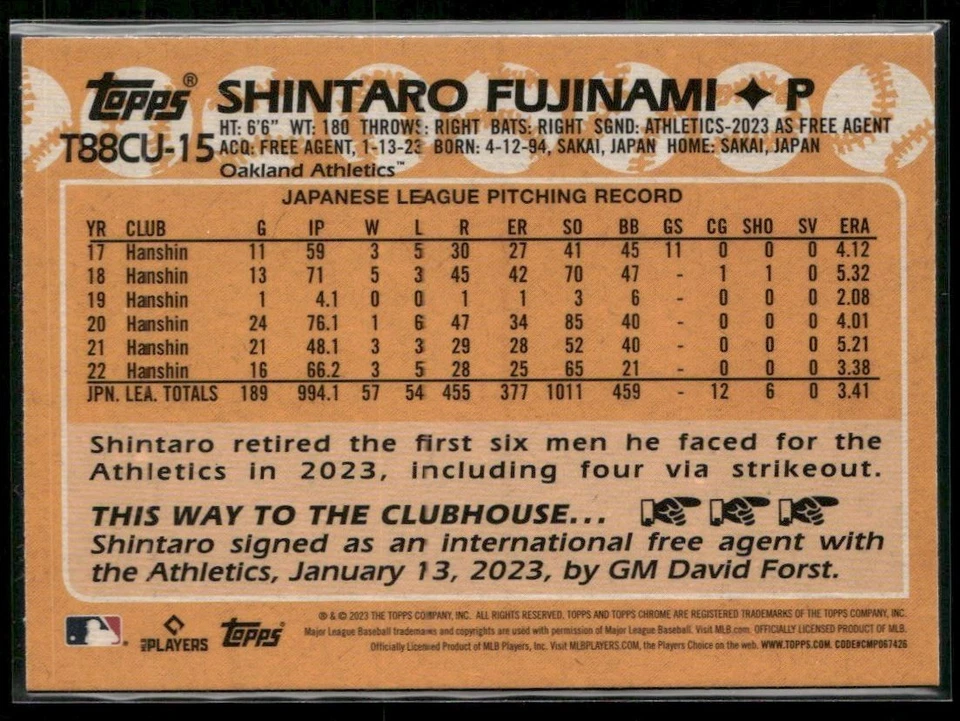 2023 TOPPS CHROME SHINTARO FUJINAMI RC OAKLAND ATHLETICS #T88CU-15 - Image 2 of 2