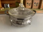 ANTIQUE PYREX with etched lid and silver cradle