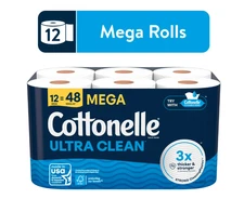 Cottonelle Ultra Clean Toilet Paper, Strong Toilet Tissue, 12 Mega Rolls