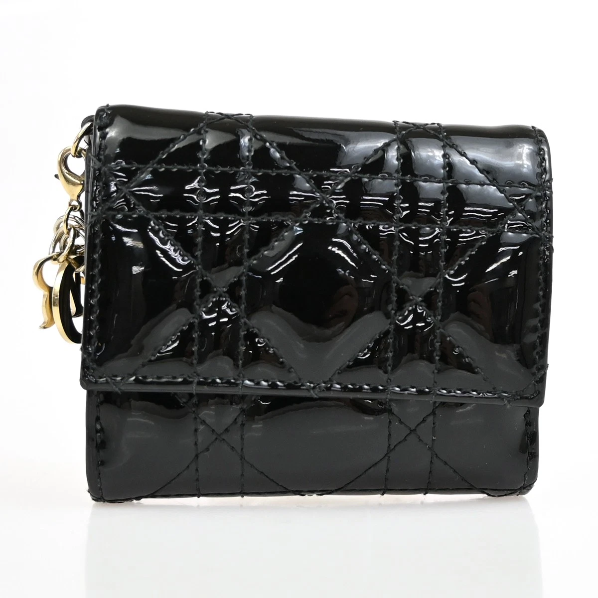 Portefeuille compact triple logo cannage CHRISTIAN DIOR cuir verni noir 34YH168