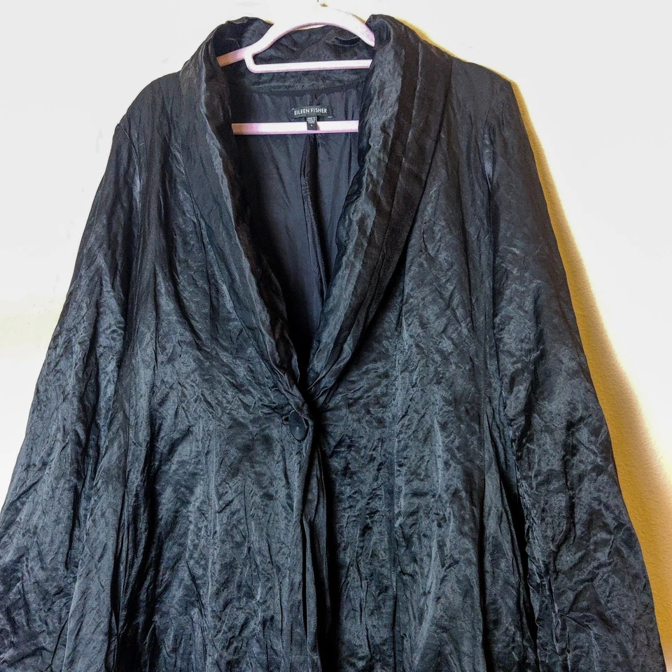 Eileen Fisher Steel Satin Crinkled Metal Duster Jacket Trench Coat Black Large - Image 3 of 4