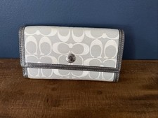 Auténtica billetera Coach para mujer de lona y cuero triple pliegue gris/gris oscuro-7