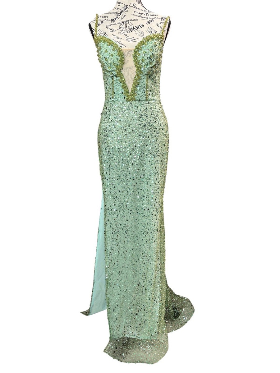 dress beads and sequins Primavera Beaded-Fringe Long Prom Dress 4111 Peacock / 000 main image 0