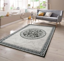 Moderner Teppich mit Glitzergarn Bordüre und Kreismuster in Grau Anthrazit Creme