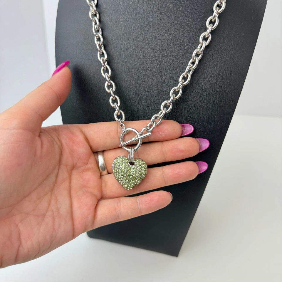 Green Crystal Puffy Heart Pendant Chunky Rolo Chain 18" Necklace CZ Toggle Clasp - Image 3 of 4