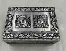 VTG Embossed Trinket Jewelery Box Silver Tone Rectangular Sun Face Birds