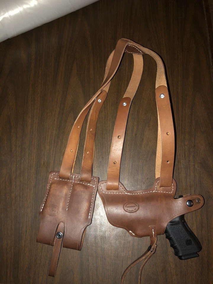 Leather Shoulder Holster & Dual Magazine Pouch Horizontal Fits Glock 19 & 23 USA - Image 4 of 4