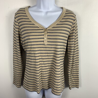 White Stag Tee Womens Top Sz S Tan Black Striped Everyday Normcore Casual Chic