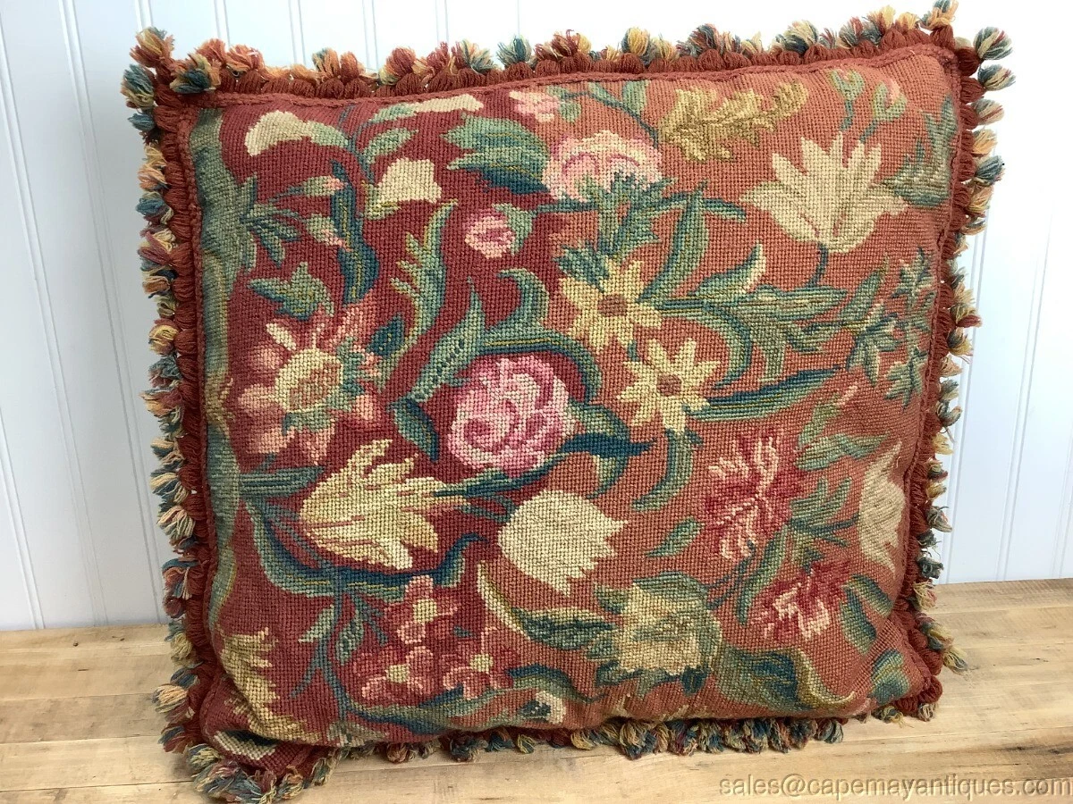Vintage Needlepoint Embroidery Throw Pillow Rust Orange Chintz