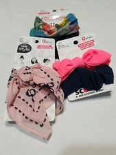 (LOT of 3) 1x Scunci Headwrap Pink Black, 2x 2pcs Scrunchies Pink Black Blue +
