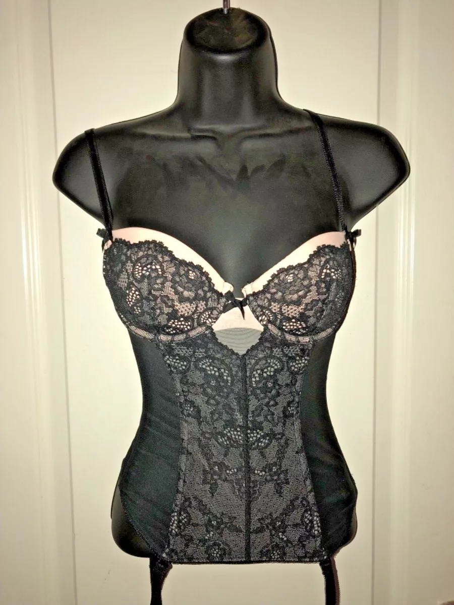 NWOT VICTORIAS SECRET LINGERIE BLACK/BEIGE LACE GARTER BUSTIER CORSET BRA  32B