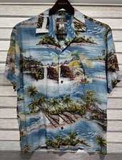 Kalaheo Hawaiian Shirt Men's XL Blue Short Sleeve Button Up Beach Hut Palm Trees