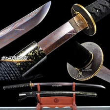 Blue & Red Folded Steel Blade Japanese Sword Samurai Katana Brass Tsuba Kashira