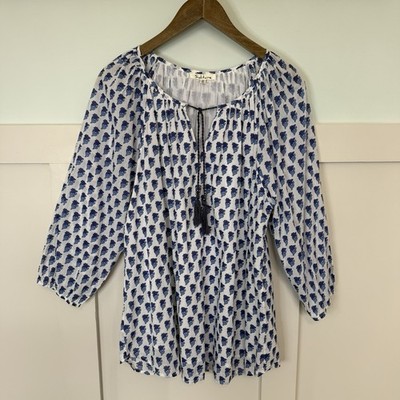 Solitaire 100% Cotton Blouse Top Women s 2x Floral Boho Peasant Cottage Tassels