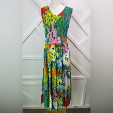 Jams World Sleeveless Long Ruffle Tiered Dress Abstract Floral Art Print Large