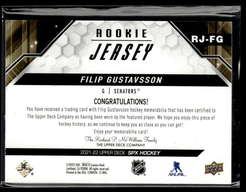 2021-22 SPx Rookie Jersey Filip Gustavsson Rookie Ottawa Senators #RJ-FG - Image 2 of 2