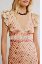 Free People Pink Floral Bali Belle Floral Ruffle Satin Midi Dress Small NWD $198