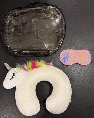 Unicorn U-Shaped Memory Foam Neck Travel Pillow White w/ Carry Case & Eye Mask