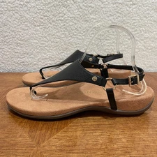 Vionic Women's Kirra Sandal 9.5 Black Leather Thong Strap back Comfort Wedged