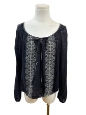 Max Studio Womens Embroidered Boho-Style Peasant Blouse Black & White Sz XL