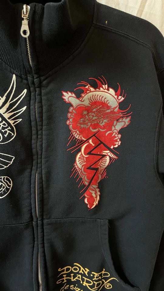 Don Ed Hardy Jacket M Christian Audigier Tiger Print Black Full Zip High Collar - Image 3 of 4