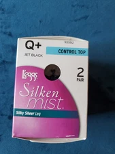 Legg's Silken Mist Jet Black Pantyhose Q+ Control Top 2 Pair Sheer Toe