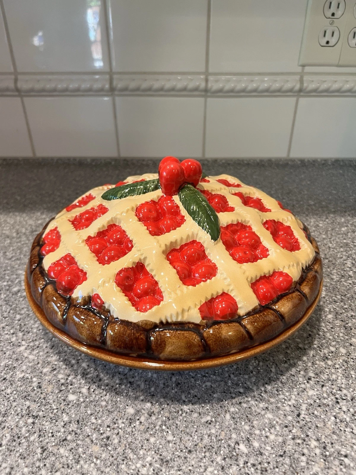 Vintage 11" Decorative Ceramic Pie Keeper - Cherry Pie Hand Painted.