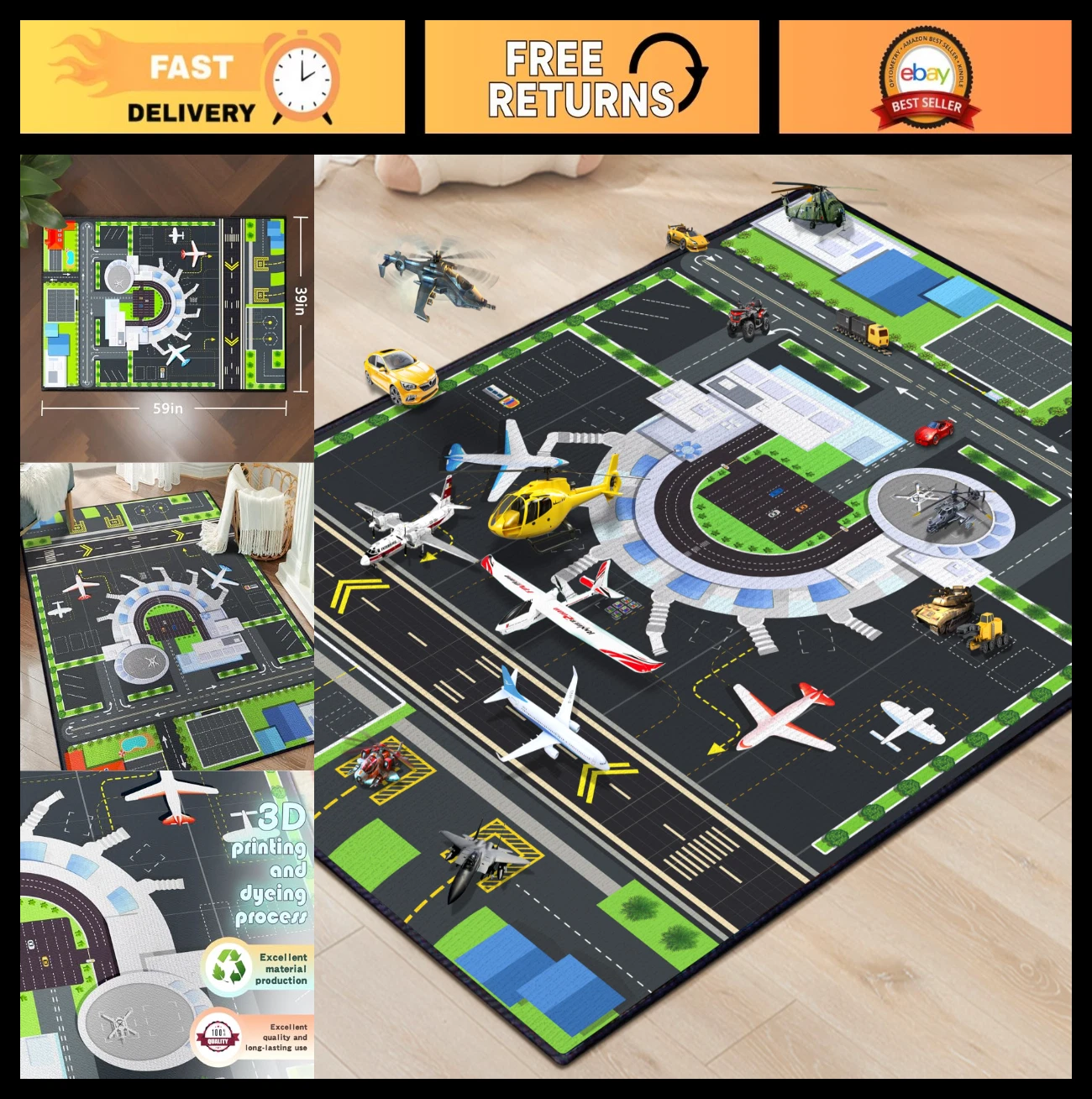 Airport Play Rug for Boys, 59"x39" Non-Slip Airplane Mat with City Traffic & Run