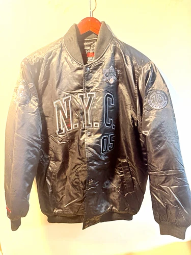 FUBU Athletics Men’s Black Satin Snap Bomber Jacket Quilted Lined NYC 05 Medium  video thumbnail