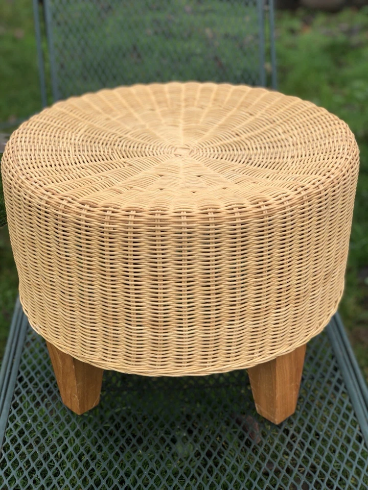 1970s Handwoven Wicker & Bamboo Round Footstool Ottoman - Image 4 of 4
