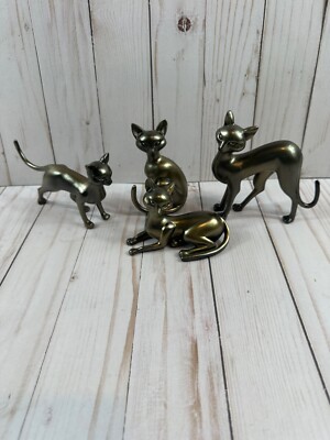 Set of 4 Metal Cats, Brass Colored