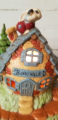 Ceramic Easter House Cottage Bunnyville Decoration Lighted READ