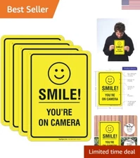 Smile You're on Camera Sign - 4 Pack - Video Surveillance Sign | 10x7 Inches,...