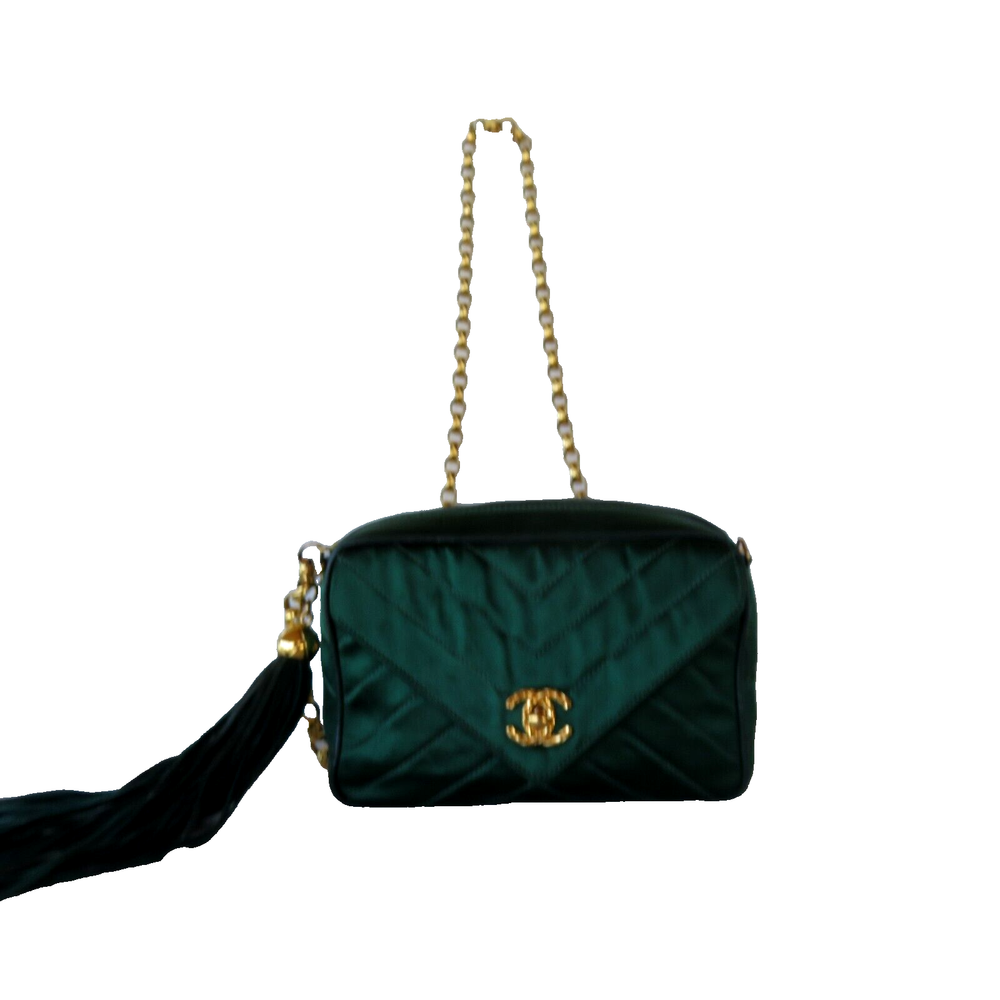 Chanel Crossbody Shoulder Bag Quilted Green Satin Leather Tassel Gold Vintage