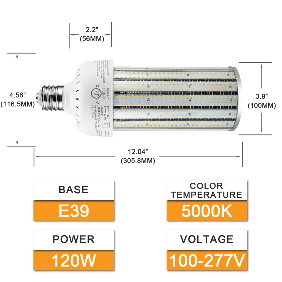 480Volt E39 Mogul LED Corn cob Bulb Parking Lot light 120Watt Daylight 5000K US - Image 2 of 4
