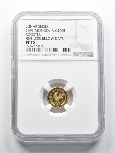 PF70 1993 Mongolia 100 Togrog Gold Lunar Rooster Fineness Below Date NGC *1569