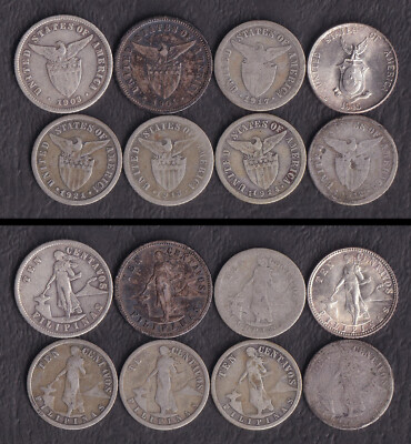 8 Pcs US Philippines 10 Centavos with different dates 1904, 1914, 1921 1945 #B8