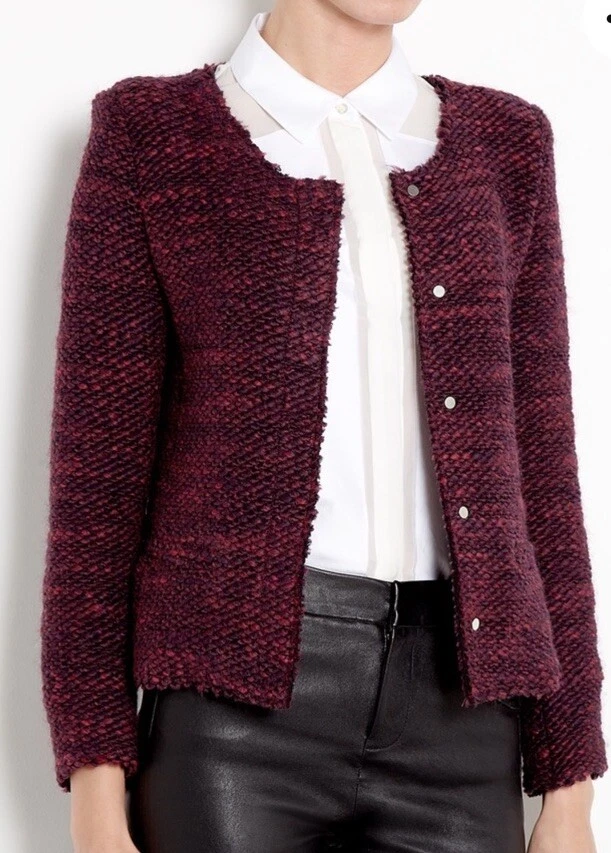 IRO Shena Boucle Fringed Tweed Blazer Burgundy Wool Sz 2 M - Image 3 of 4