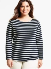 TALBOTS  NAVY BLUE WHITE CASTINE STRIPE LONG SLEEVE STRETCHY TOP PLUS Sz 0X