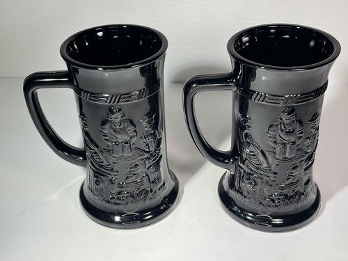 VTG Indiana Black Glass Tiara Tavern Pub German Set Of 2 Beer Stein Mug Tankard - Picture 10 of 20