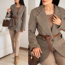 Houndstooth Wool Blend Women's Blazer Winter Casual Notch Lapel Jacket Coat