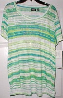 Onque 1x Womans Plus Top Green Blue Stripes Embellished Shirt Onque 1x Womans Plus Top Green Blue Stripes Embellished Shirt