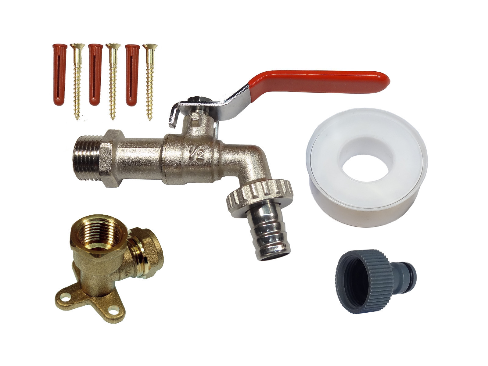 Lever Outside Tap Kit With Brass Wall Plate Elbow and Garden Hose Pipe Fitting