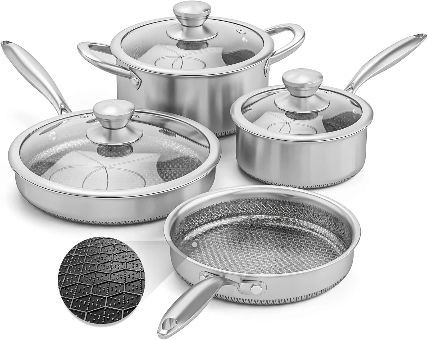 Hybrid Nonstick Stainless Steel Cookware Set with Glass Lids, Dishwasher Safe