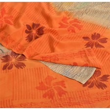 Sanskriti Vintage Saree Ivory-OrangePure Crepe Silk Floral Print Sari 5Yd Fabric