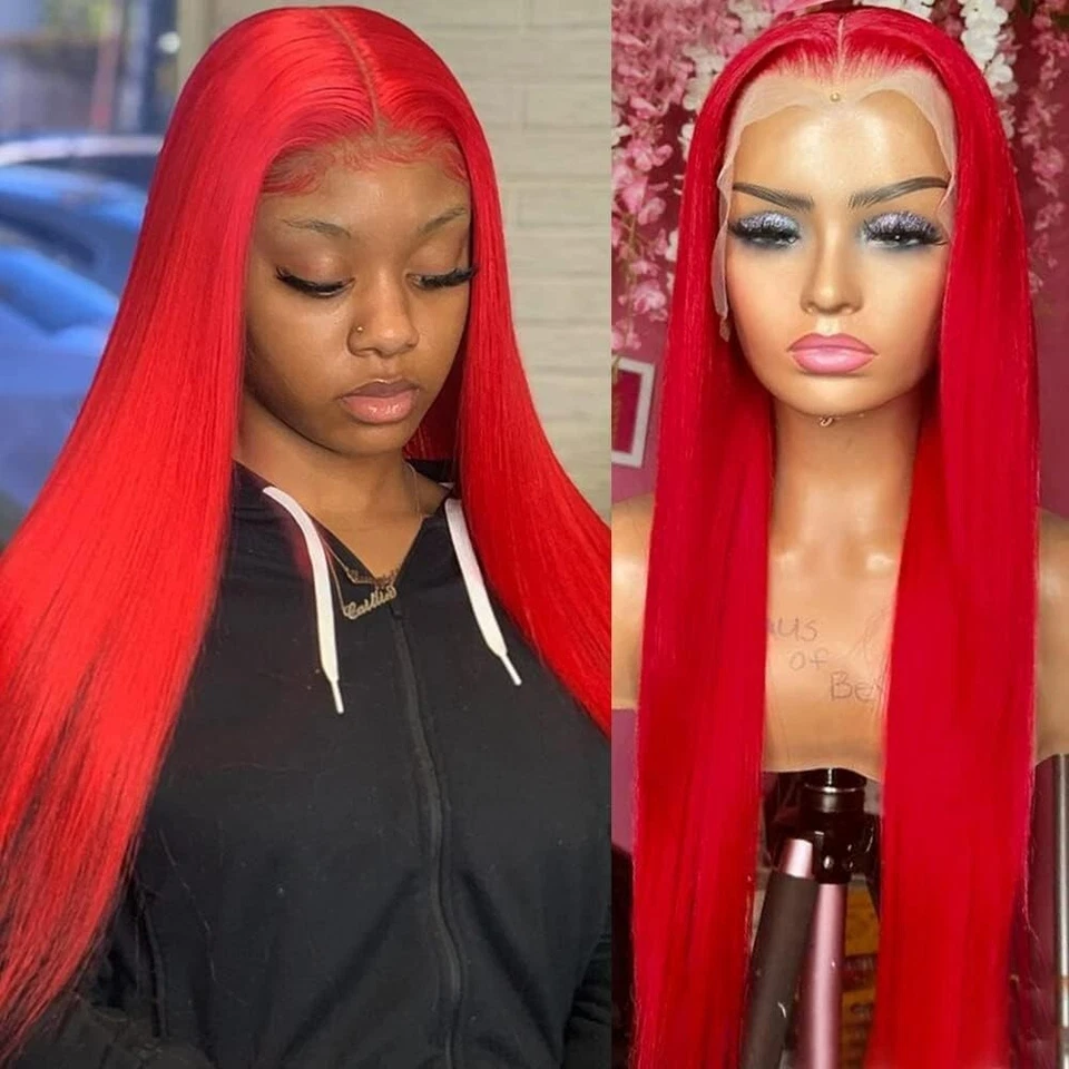 32 Inch Red Hair Synthetic Lace Front Wigs Pre Plucked Natural Long Straight Wig - Image 2 of 4